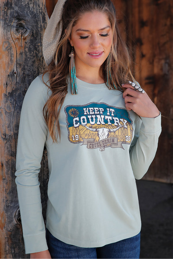 Cruel Denim Ladies "Keep It Country" Long Sleeve Shirt - Green - CTK7459005