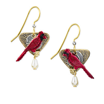 Silver Forest Red Cardinal Pearl Triangle Hammered - E-8467