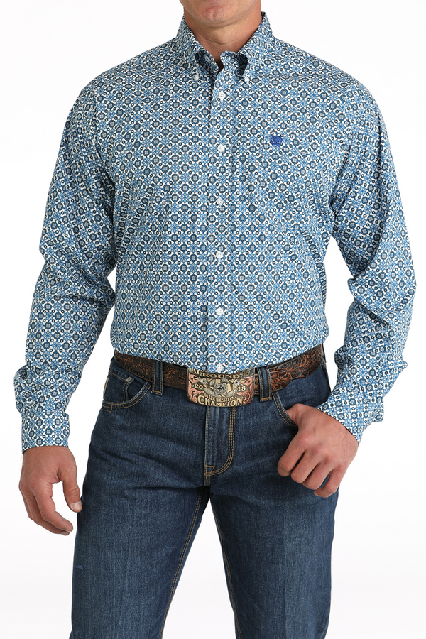 Cinch Men's Light Blue Geometric Print Button Down Long Sleeve - MTW1105794