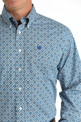 Cinch Men's Light Blue Geometric Print Button Down Long Sleeve - MTW1105794