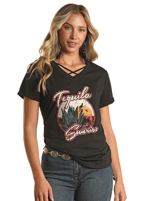 Criss Cross Neckline Rock & Roll Tee Shirt LW21T02402