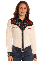 Rock & Roll Ladies Retro Western Pearl Snap Shirt - Cream - LWN2S05187