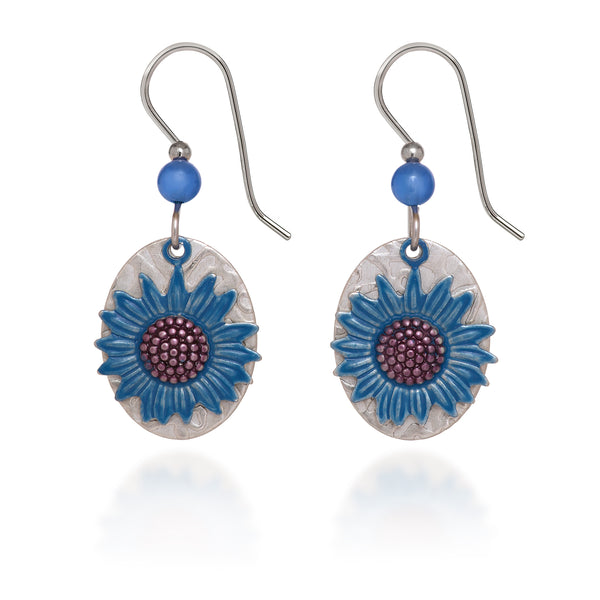 Silver Forest Blue and Silver Sunflower Earrings NE-2317