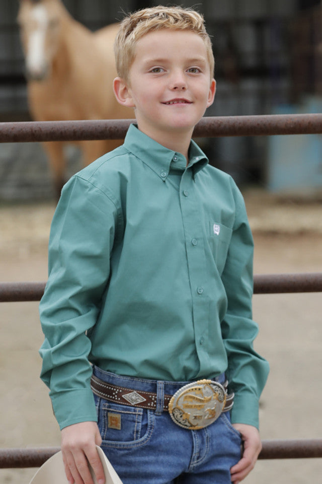 Cinch Boy's Solid Green Woven Long Sleeve Button Up Western Shirt MTW7060355