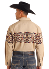 Panhandle Men's Thunderbird Border Print Long Sleeve Snap Shirt- Tan - SMN2S05595