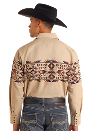 Panhandle Men's Thunderbird Border Print Long Sleeve Snap Shirt- Tan - SMN2S05595