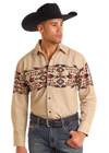 Panhandle Men's Thunderbird Border Print Long Sleeve Snap Shirt- Tan - SMN2S05595