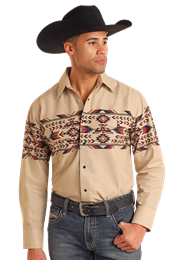 Panhandle Men's Thunderbird Border Print Long Sleeve Snap Shirt- Tan - SMN2S05595