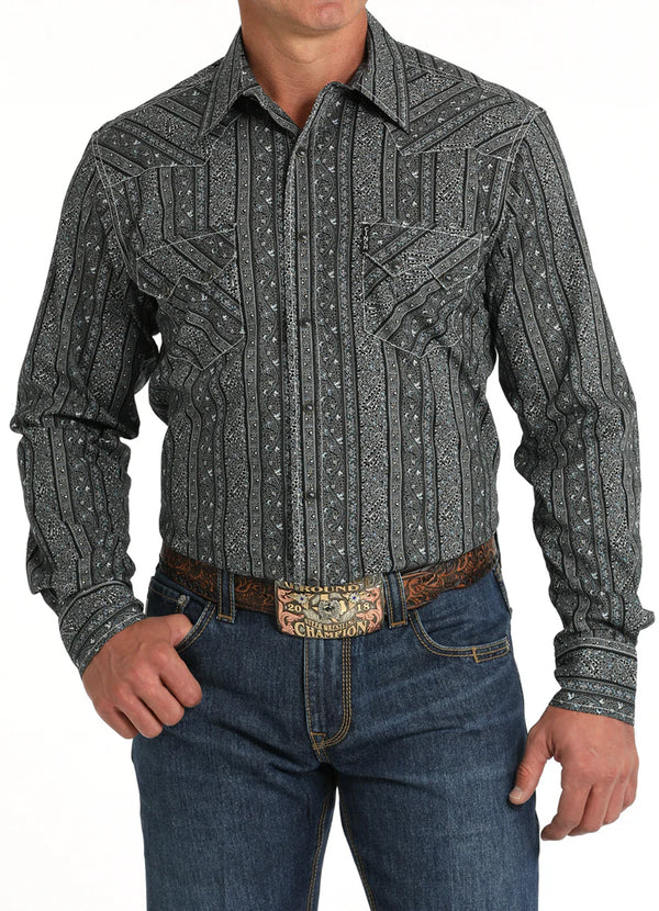 Cinch Men's Black Vertical Print Modern Fit Snap Long Sleeve Western Shirt MTW1301076