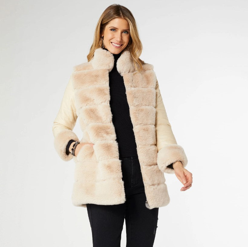 Coco and Carmen Cabrina Faux Fur Jacket With Puffer Sleeves Beige-2469103B