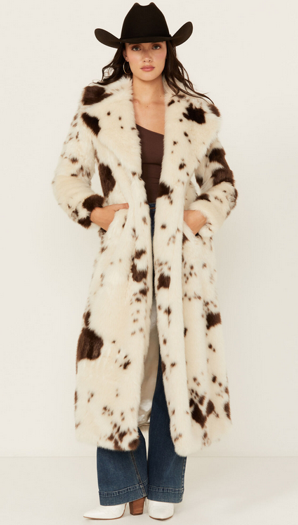 Powder River Ladies Cow Print Duster Faux Fur Coat - DW92C04155