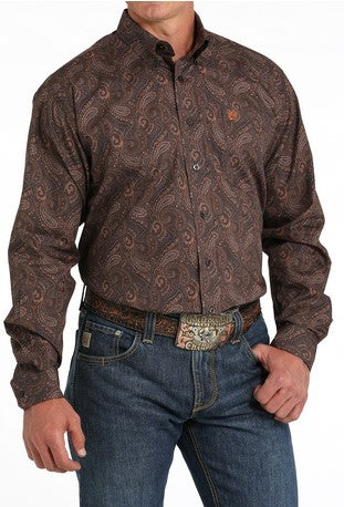 Cinch Mens Brown and Burnt Orange Paisley Shirt-MTW1105819