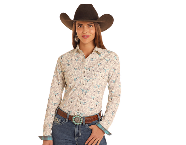 Rock & Roll Ladies Bullskull Button Up-RWN2S05095