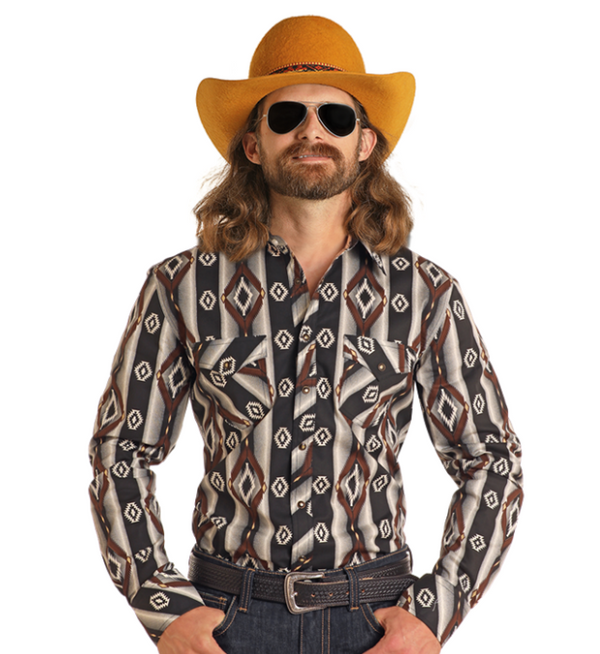 Rock and Roll Mens Aztec Brown and Black Button Up-BMN2S05481