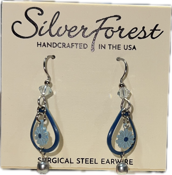 Silver Forest Blue Flower Earrings-NE-2240