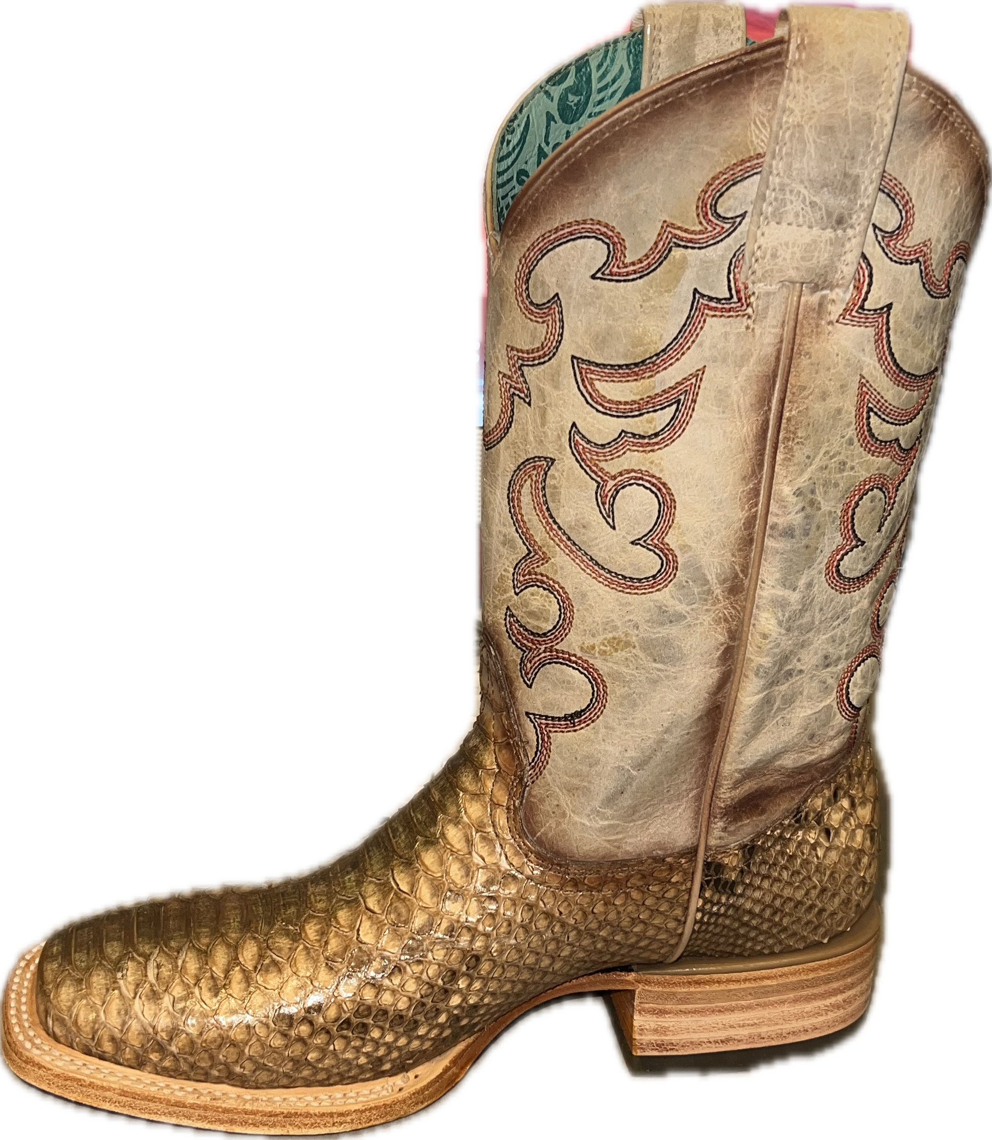 Corral Ladies Taupe-Beige Python Embroidery Wide Square Toe Boots - B5007