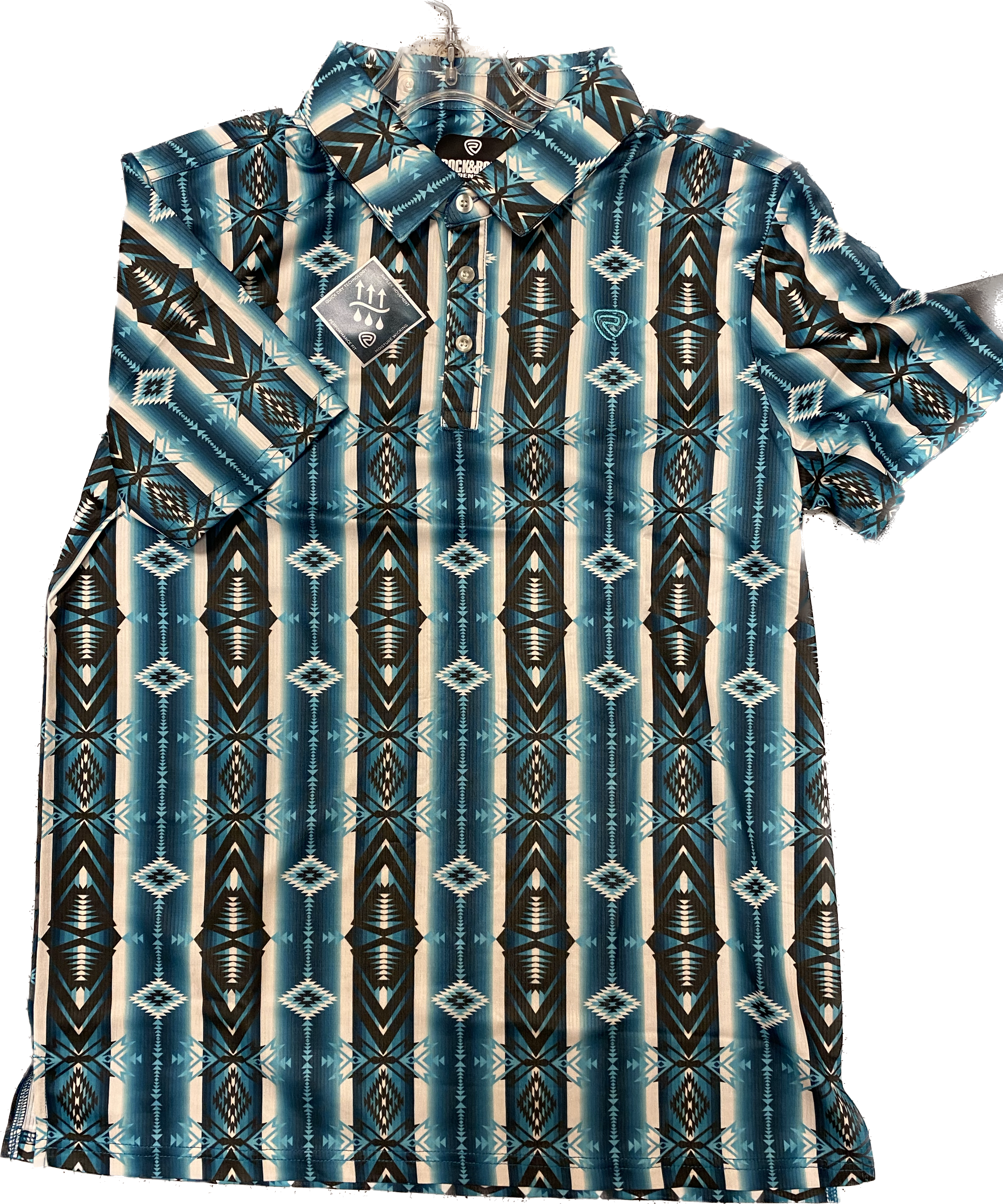 Rock & Roll Men's Blue Aztec Polo Short Sleeve Shirt BM51T05026