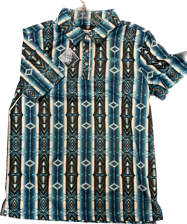 Rock & Roll Men's Blue Aztec Polo Short Sleeve Shirt BM51T05026