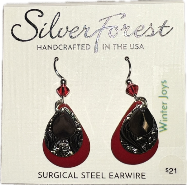 Silver Forest Three Tier Red Holiday Collection Earrings-NE-0367G