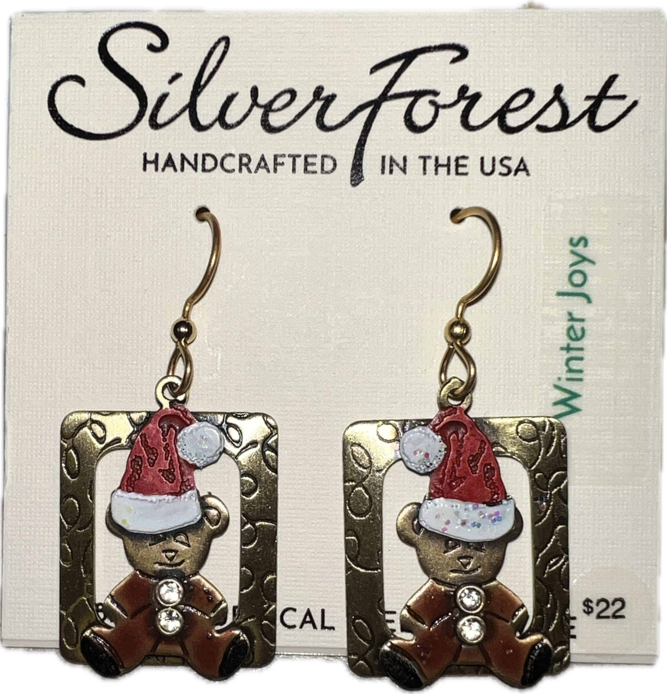 Silver Forest Teddy Bear with Santa Hat Earrings-NE-2139A