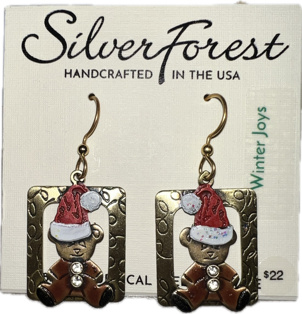 Silver Forest Teddy Bear with Santa Hat Earrings-NE-2139A