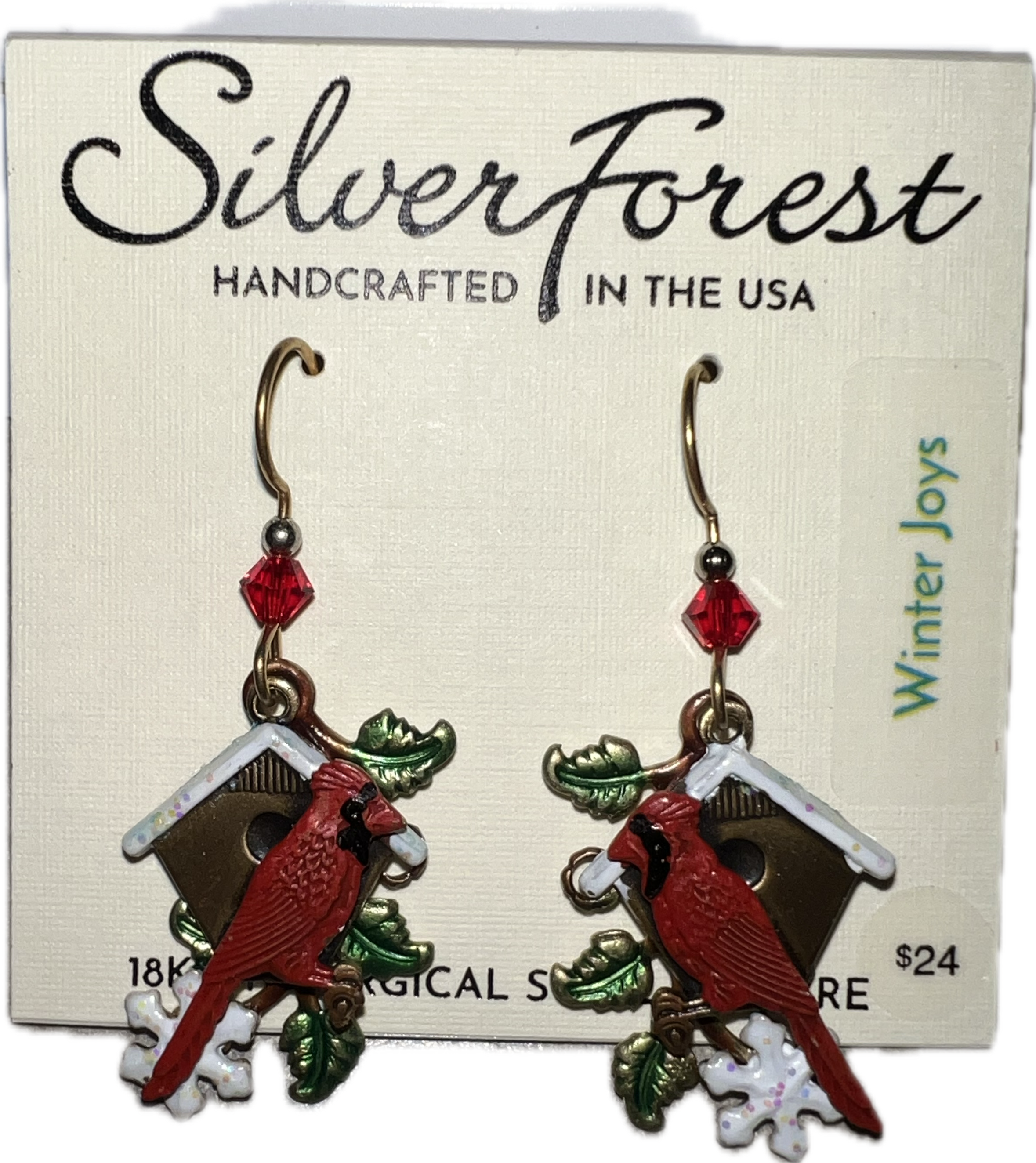 Silver Forest Carnial on a Birdhouse Earrings-NE-1599A