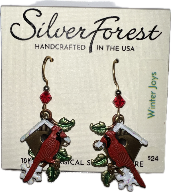 Silver Forest Carnial on a Birdhouse Earrings-NE-1599A