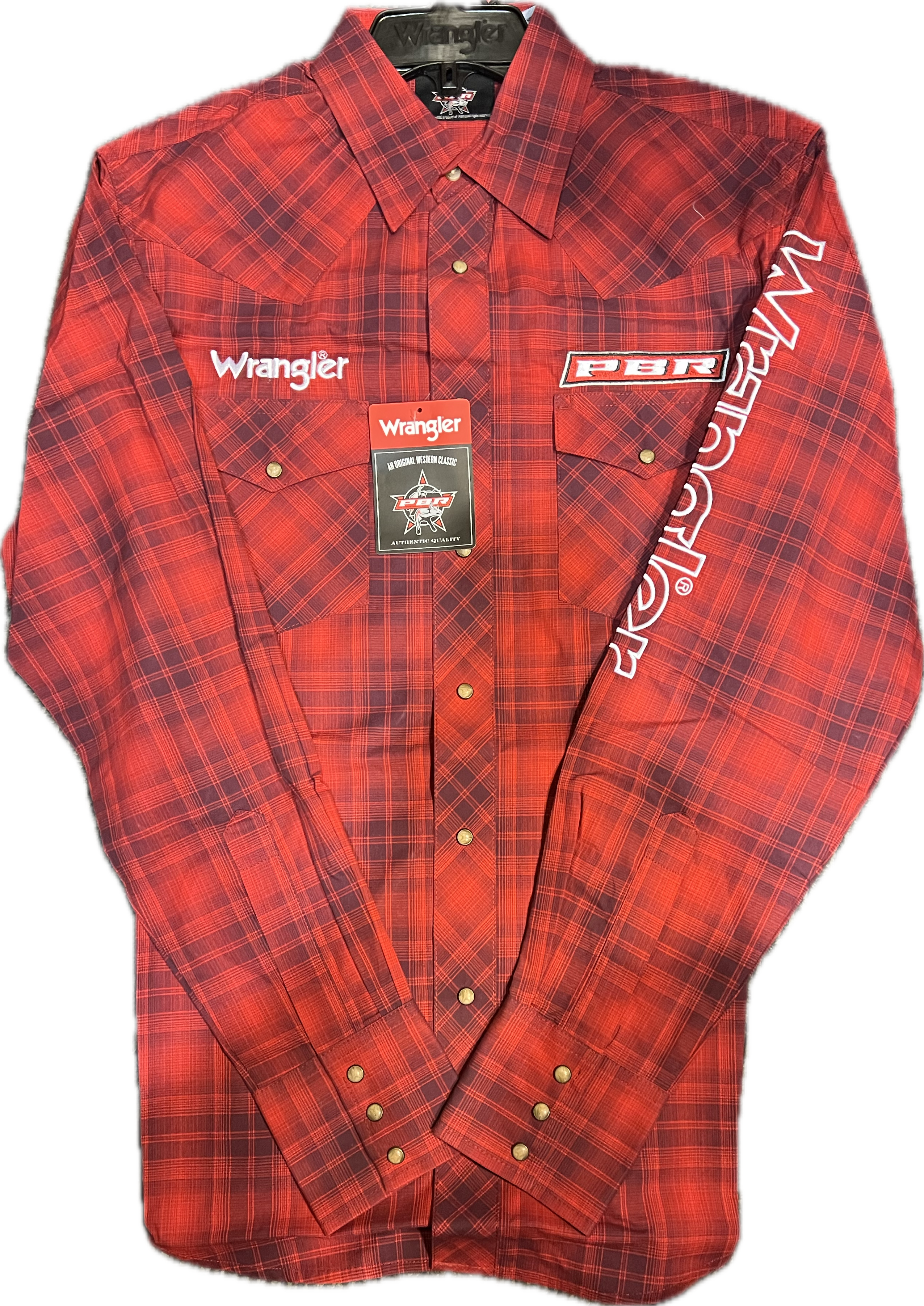 Wrangler Mens Red Plaid PBR Shirt-112355406