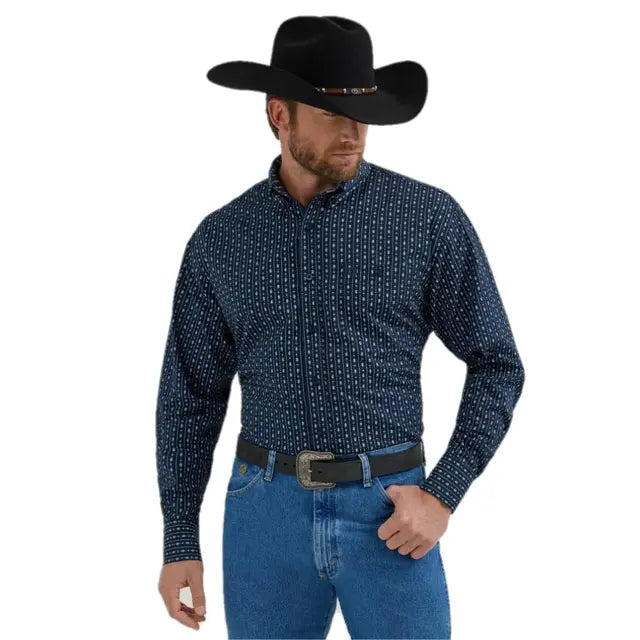 Wrangler Men's George Strait Long Sleeve Woven Button Down Shirt, Blue - 112356594