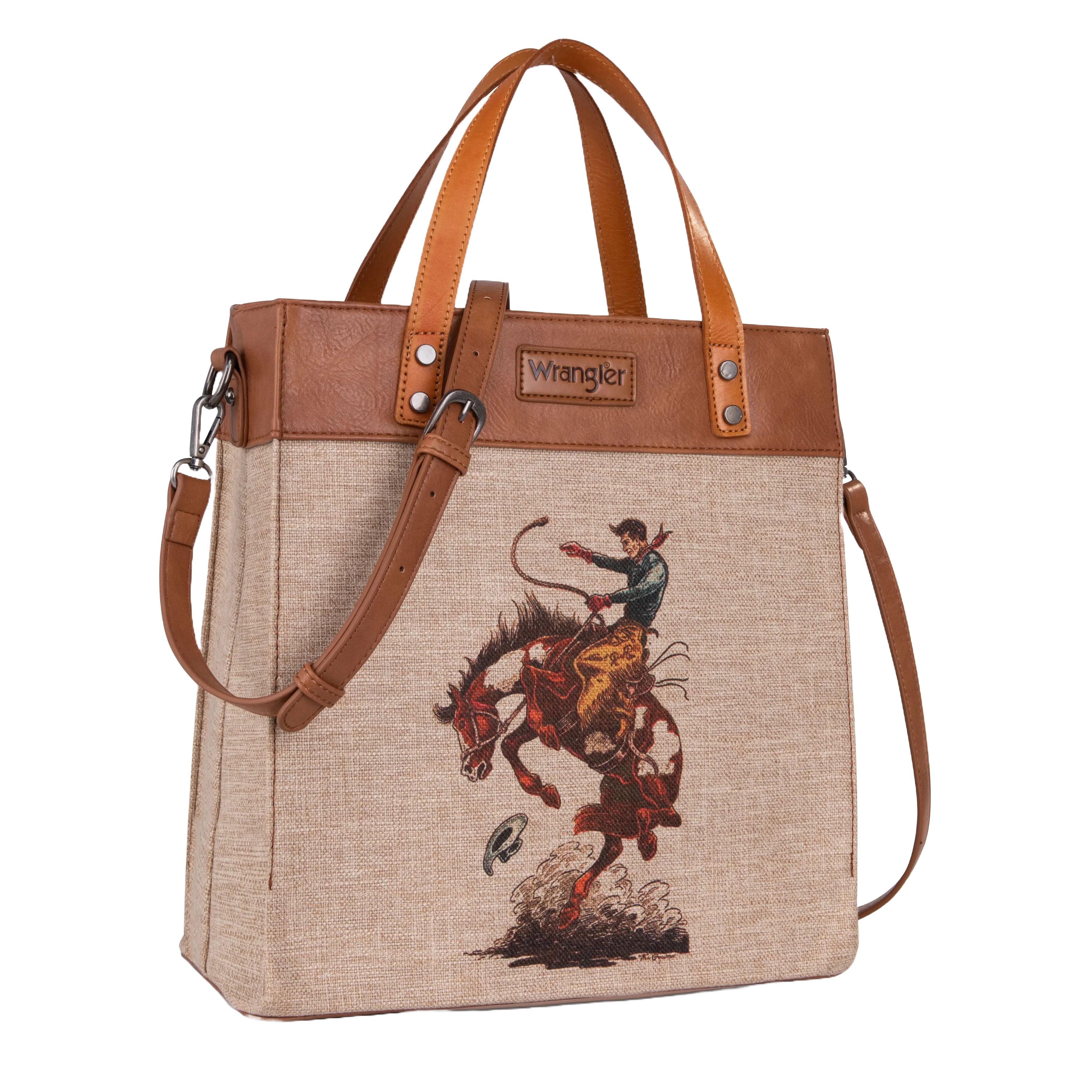 Wrangler Ladies Bucking Bronco Canvas Tan Crossbody Tote Bag WG54-8317TN