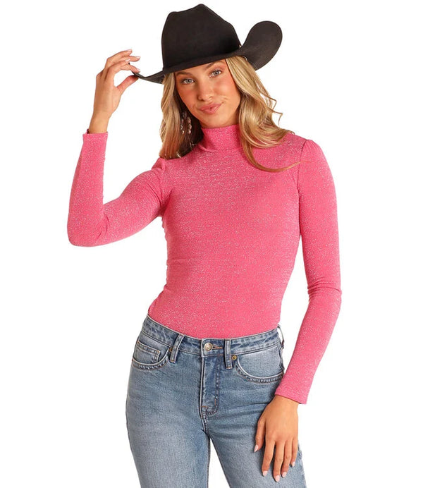 Rock & Roll Denim Ladies Lurex Turtleneck Top - Hot Pink - BW22T04478-67