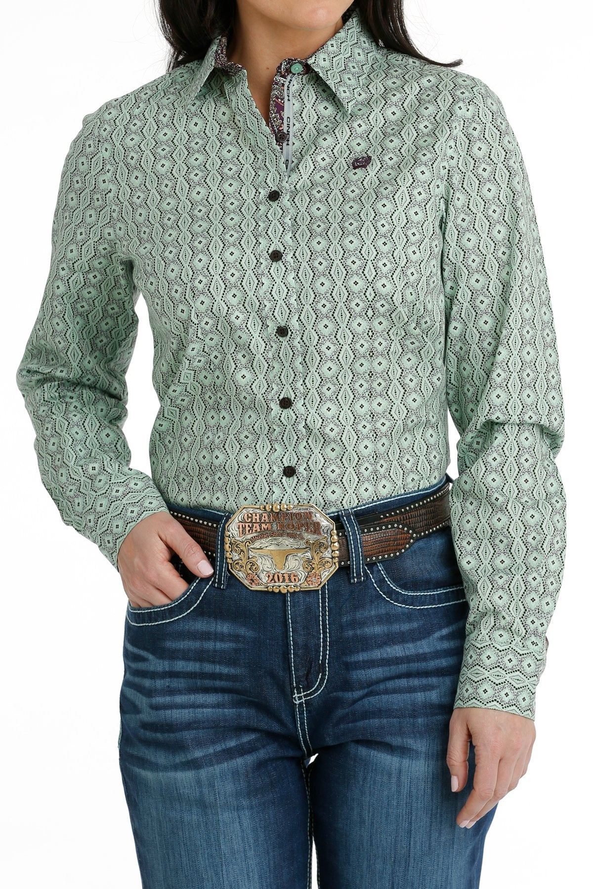 Cinch Ladies Button Down Green Geo Print- MSW9165043