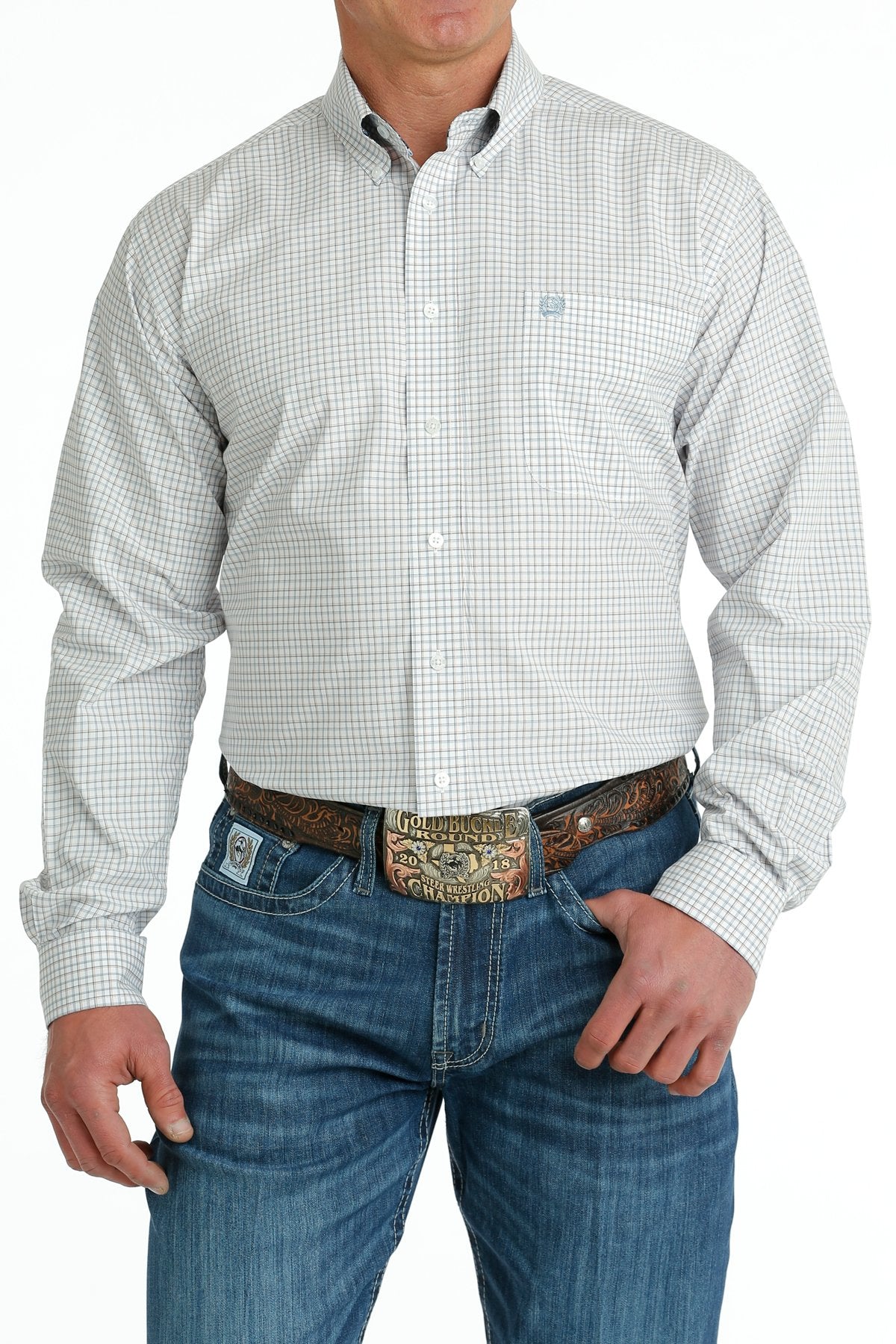 Cinch Men's Long Sleeve Button Down White Plaid MTW1105701