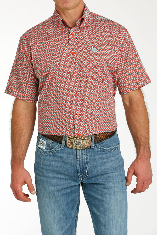 Cinch Men's Red & Light Turquoise Geo Print Short Sleeve Western Shirt MTW1111456