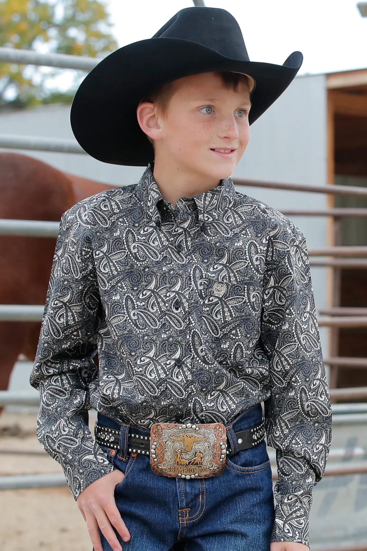 Cinch Boys Black Paisley Print Long Sleeve Button Down - MTW7060350