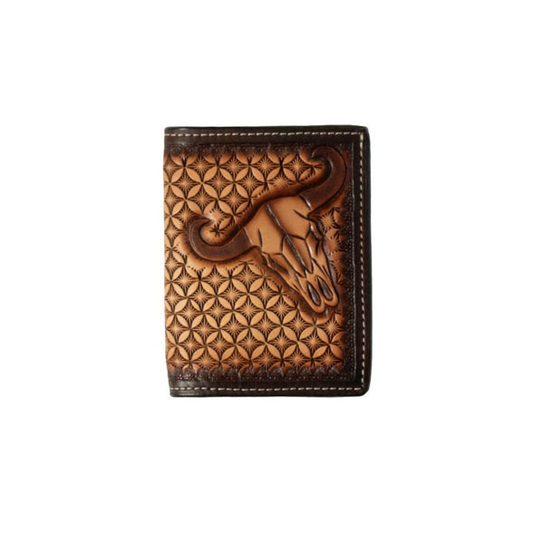 3D Men's Cow Skull Hand Stained Tooled Trifold Wallet D250015402