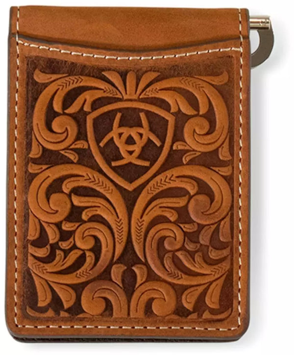 Ariat Western Bifold Money Clip Leather Embossed Scrolling Logo Brown A3561544