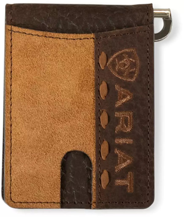 Ariat Western Bifold Money Clip Leather Roughout Embroidered Logo Tan A3561108