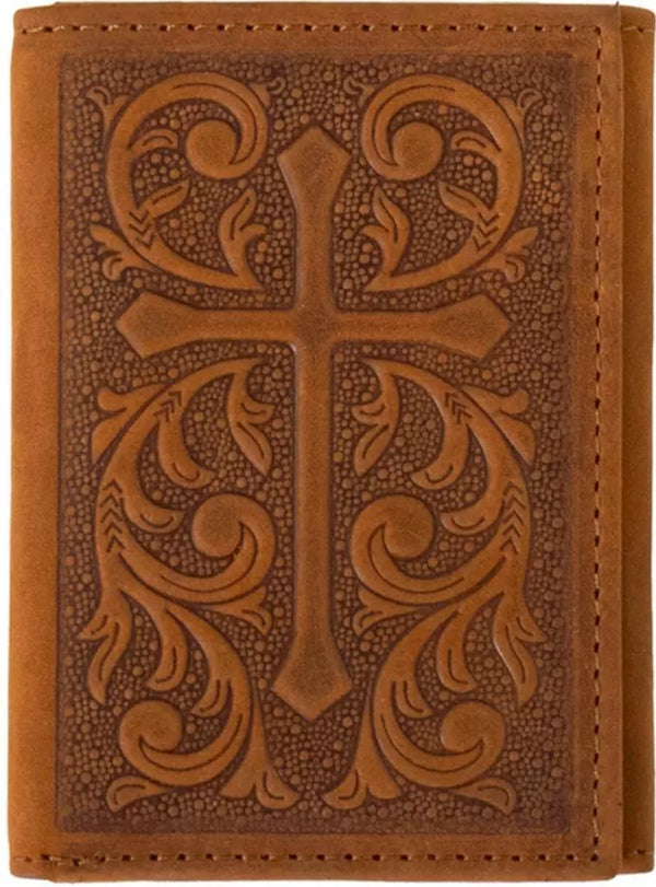 Nocona Western Trifold Wallet Leather Embossed Cross Brown - N500046444