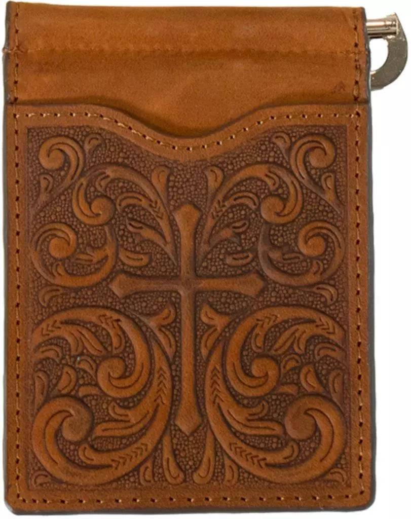 Nocona Western Mens Bifold Money Clip Leather Embossed Cross Brown N500046644