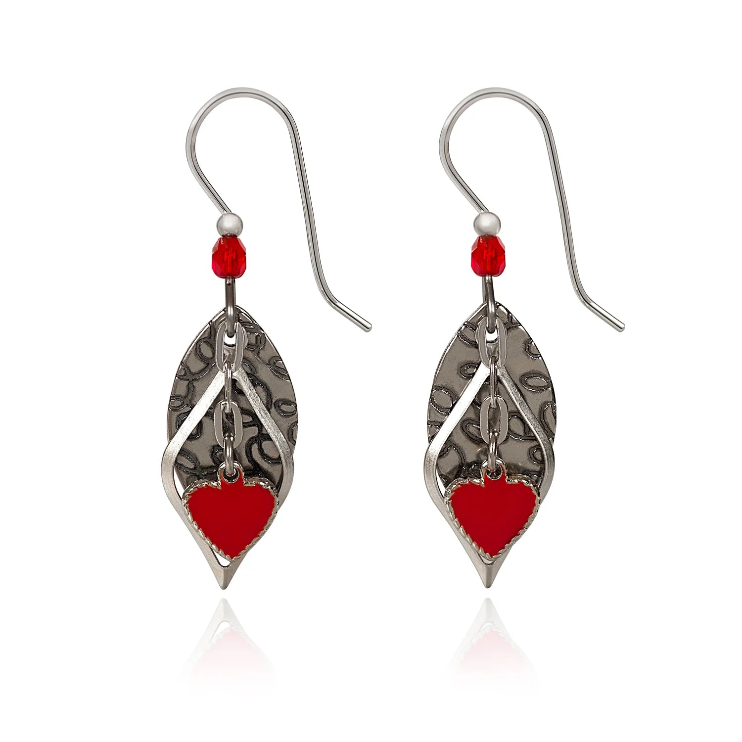 Silver Forest Red Heart with Silver Ovals Earrings - NE-1388A