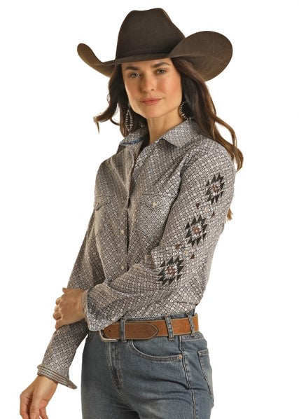 Ladies Panhandle Diamond Print Long Sleeve Pearl Snap Shirt RWN2S02812