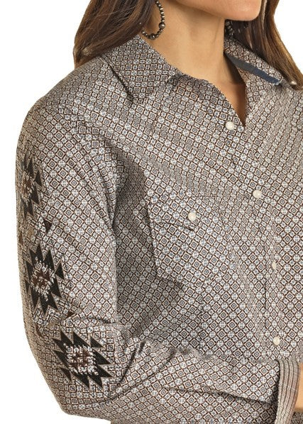 Ladies Panhandle Diamond Print Long Sleeve Pearl Snap Shirt RWN2S02812