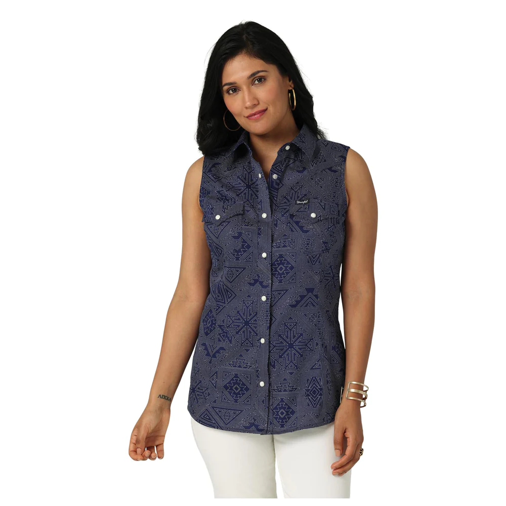 Wrangler Ladies Blue Sleeveless Snap Shirt 112329681