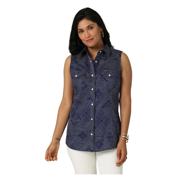 Wrangler Ladies Blue Sleeveless Snap Shirt 112329681