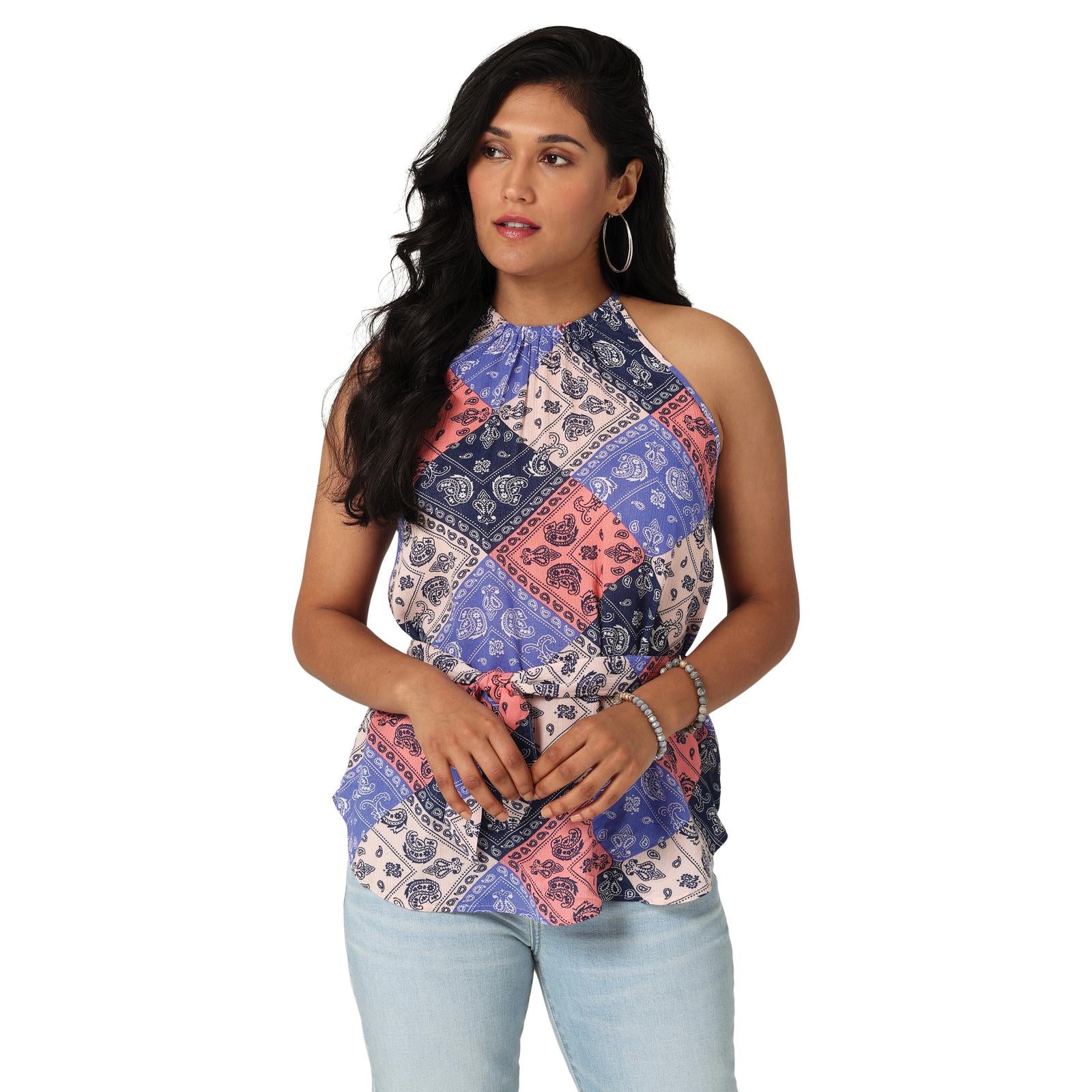 Wrangler Ladies Patchwork Goddess Neck Top In Blue 112329875