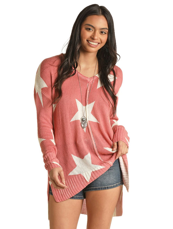 Rock & Roll Ladies Coral Sweater with Stars RRWT32R0ZE