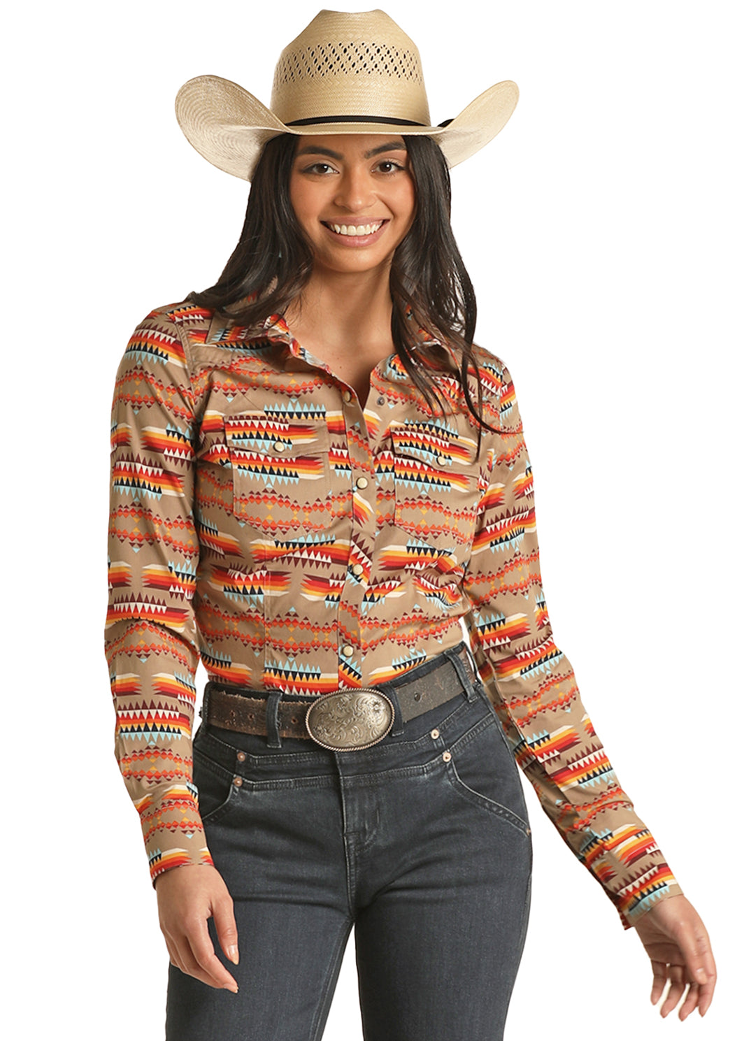 Rock & Roll Denim Ladies Tan Aztec Long Sleeve Snap Shirt RRWSOSR0QE