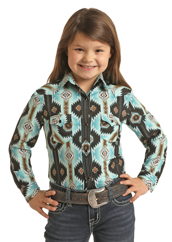 Rock & Roll Cowgirl Aqua Aztec Print Snap Shirt #G4S3332