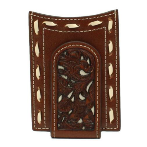 Nocona Western Leather Mens Money Clip Buck Lace Pierced Tan N5410008